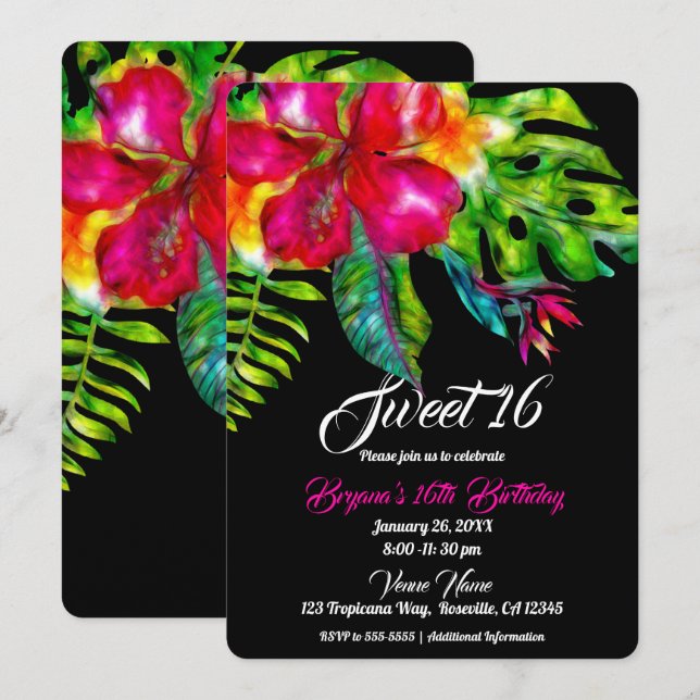 Bright Tropical Floral Hibiscus & Leaves Sweet 16 Invitation (Front/Back)