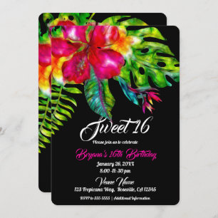 Bright Tropical Floral Hibiscus & Leaves Sweet 16 Invitation