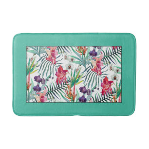 Bright Tropical Floral Pattern with Aqua Border Ba Bath Mat
