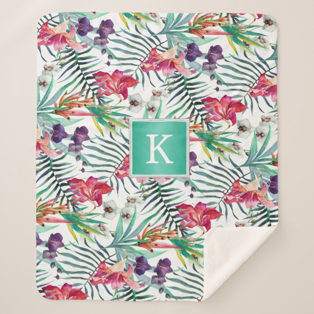 Bright Tropical Floral Pattern with Monogram Sherpa Blanket (Front)