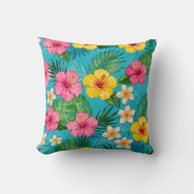 Bright Tropical Floral Throw Pillow (Front)