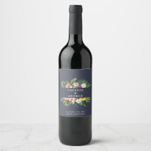 bright tropical floral wedding wine label
