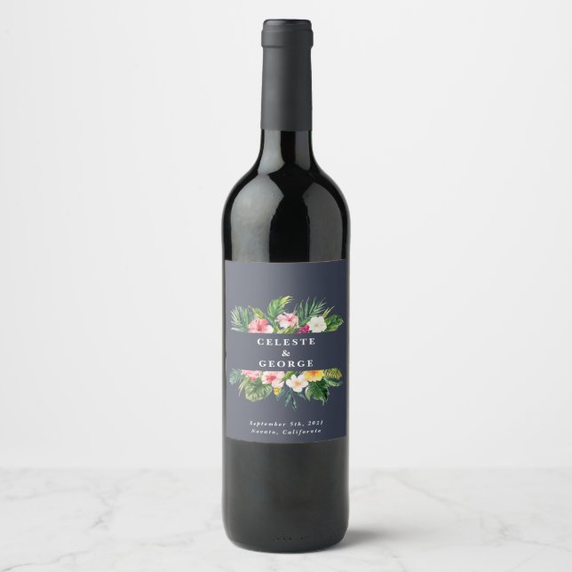 bright tropical floral wedding wine label (Front)