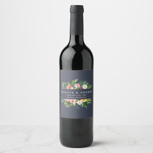 bright tropical floral wedding wine label (Front)