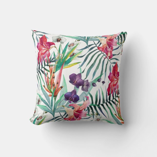 Bright Tropical Flowers and Foliage Pattern Cushion (Front)