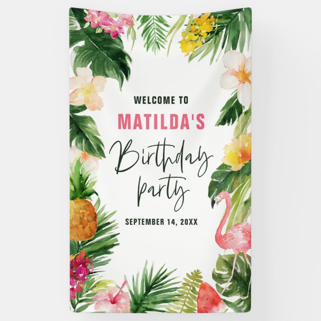 Bright tropical foliage birthday party banner (Vertical)