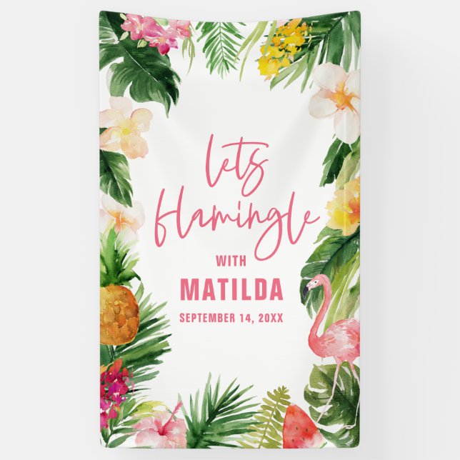Bright tropical foliage flamingle birthday party banner (Vertical)