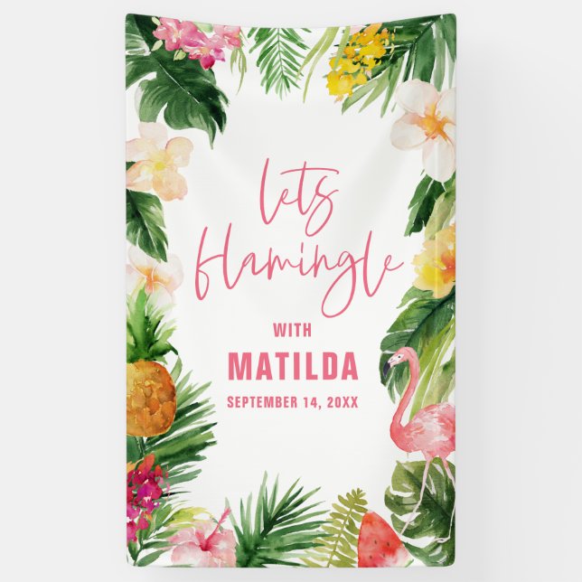Bright tropical foliage flamingle birthday party banner (Vertical)