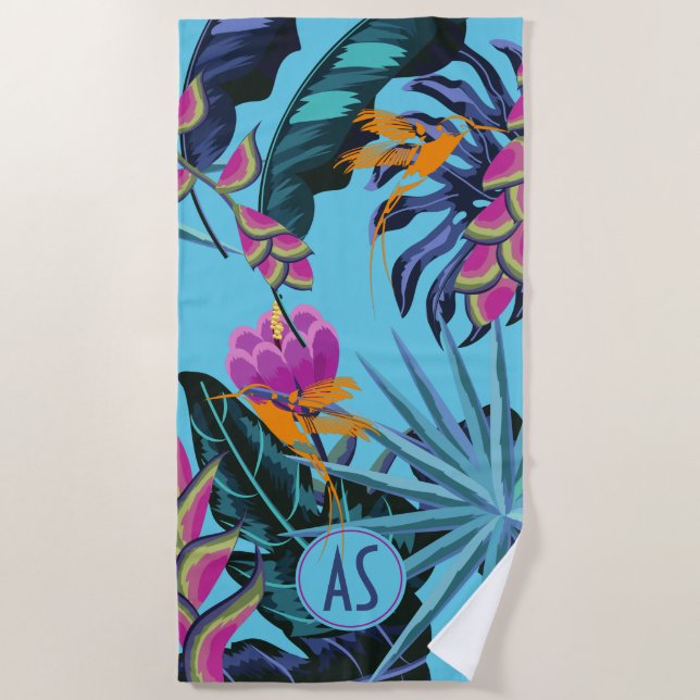 Bright Tropical Foliage Pattern with Hummingbird  Beach Towel (Front)