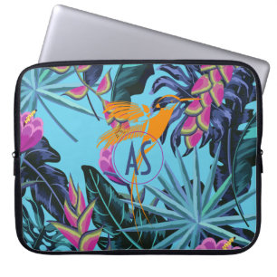 Bright Tropical Foliage Pattern with Hummingbird Laptop Sleeve