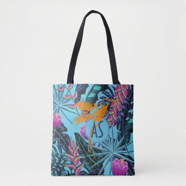 Bright Tropical Foliage Pattern with Hummingbird Tote Bag (Front)