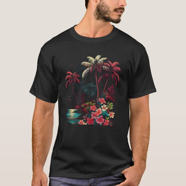Bright Tropical Island Summer Palm Trees Flowers G T-Shirt (Front)