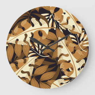 Bright Tropical Leaves Dark Pattern Large Clock