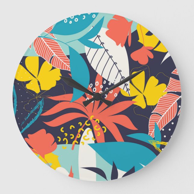 Bright Tropical Leaves Dark Pattern Large Clock (Front)