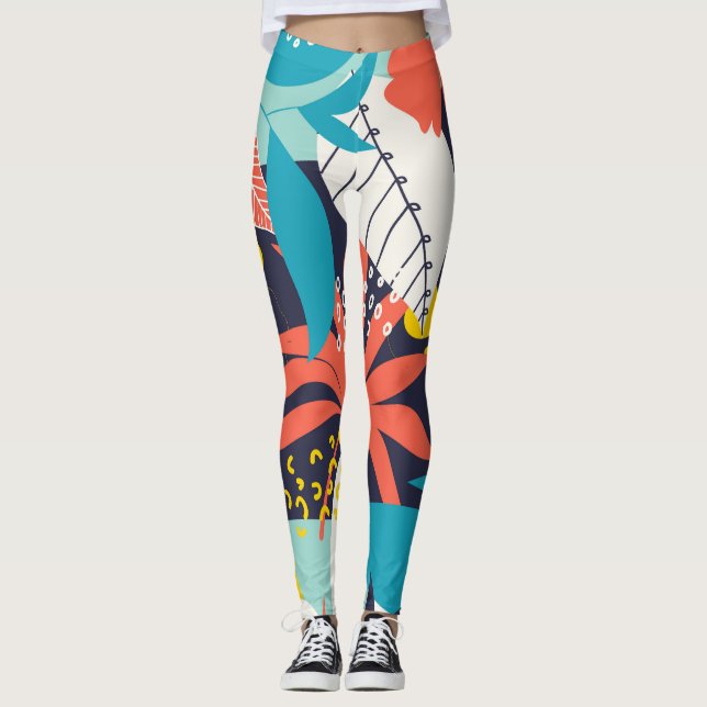 Bright Tropical Leaves Dark Pattern Leggings (Front)