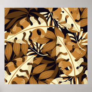 Bright Tropical Leaves Dark Pattern Poster