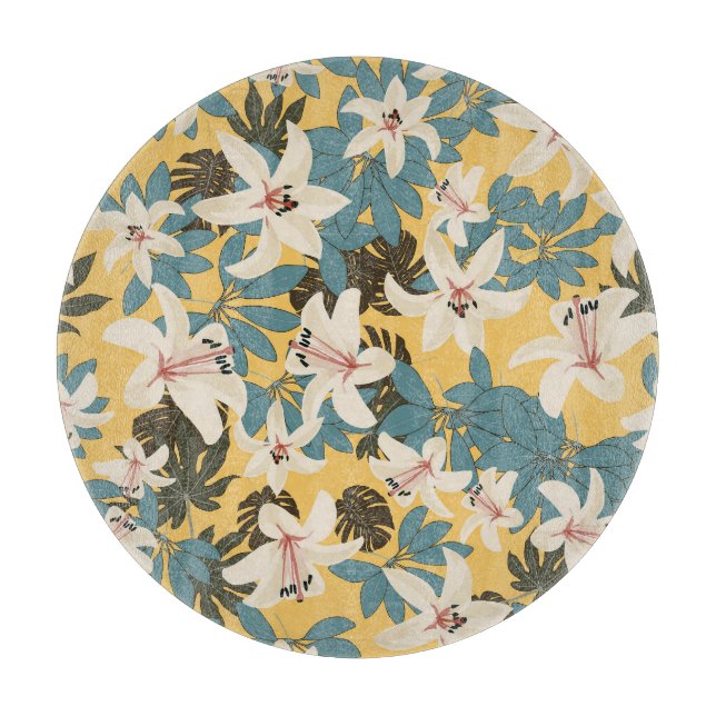 Bright Tropical Leaves Lily Pattern Cutting Board (Front)