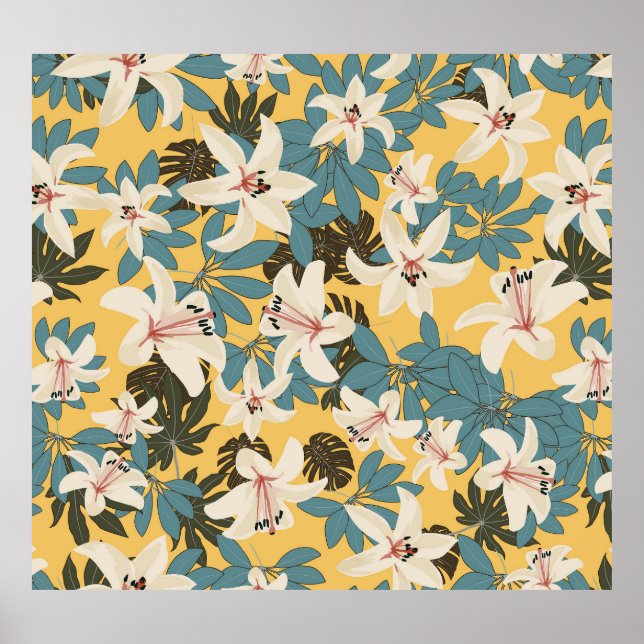 Bright Tropical Leaves Lily Pattern Poster (Front)