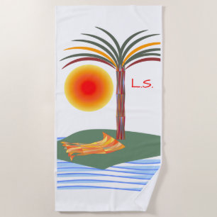 Bright Tropical Palm Tree, Sun and Waves Beach Towel
