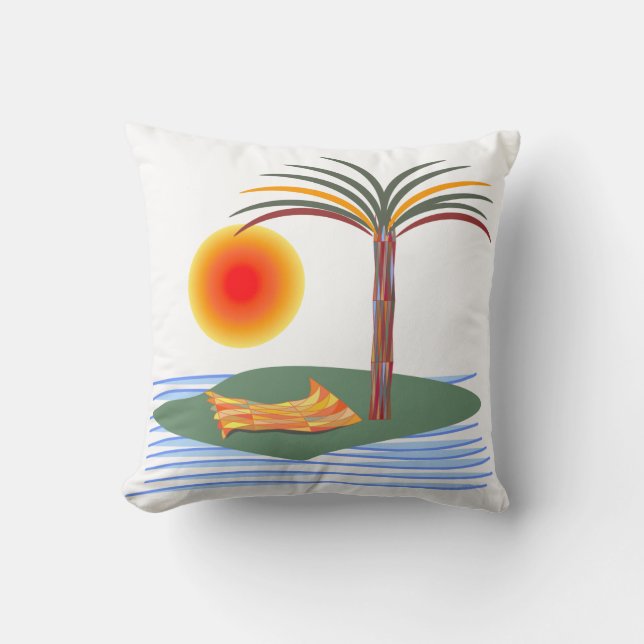 Bright Tropical Palm Tree, Sun and Waves Cushion (Front)