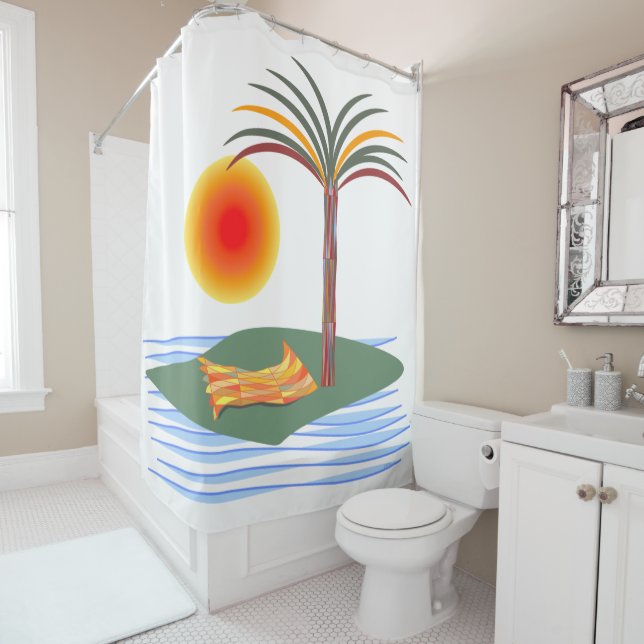 Bright Tropical Palm Tree, Sun and Waves Shower Curtain (In Situ)