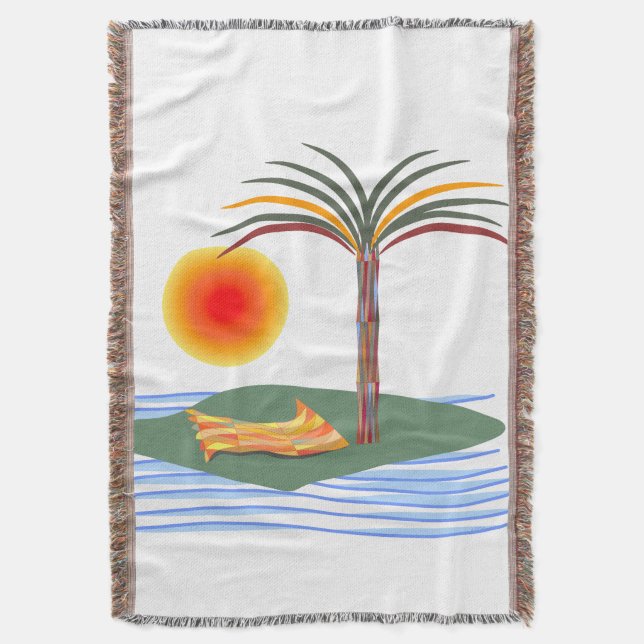 Bright Tropical Palm Tree, Sun and Waves Throw Blanket (Front Vertical)