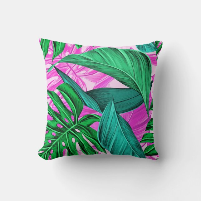 Bright Tropical Pink and Green Leaves Cushion (Front)