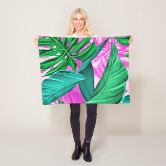 Bright Tropical Pink and Green Leaves Fleece Blanket