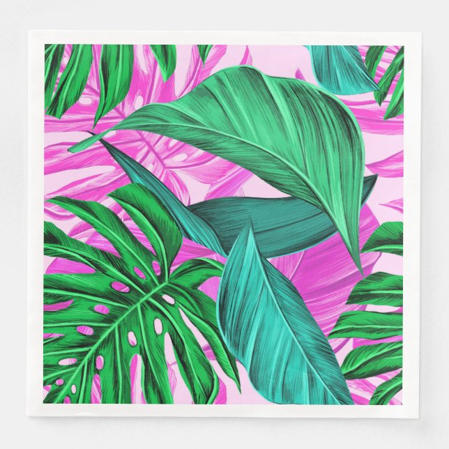 Bright Tropical Pink and Green Leaves Napkin (Front)