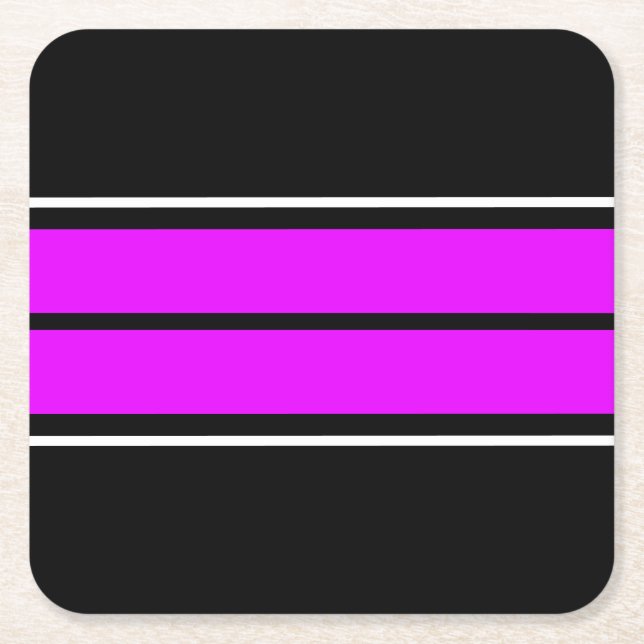Bright Tropical Pink Black White Racing Stripes Square Paper Coaster (Front)