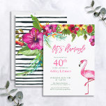 Bright Tropical Pink Let's Flamingo 40th Birthday Invitation<br><div class="desc">Set the tone for a fun, summery birthday celebration with this cute tropical "Let's Flamingle" party invitation! Featuring a bright, tropical watercolor floral drop of colourful hibiscus, bottle brush, bright bird of paradise, and palm foliage, followed by "Let's Flamingle" in flamingo pink. The card is personalised in text of matching...</div>