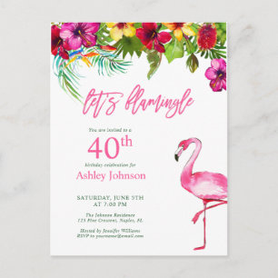 Bright Tropical Pink Let's Flamingo 40th Birthday Postcard