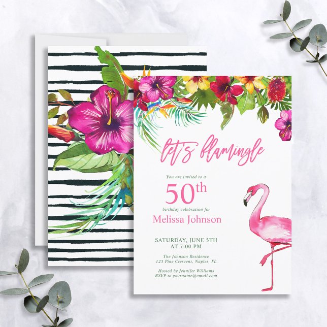 Bright Tropical Pink Let's Flamingo 50th Birthday Invitation (Creator Uploaded)