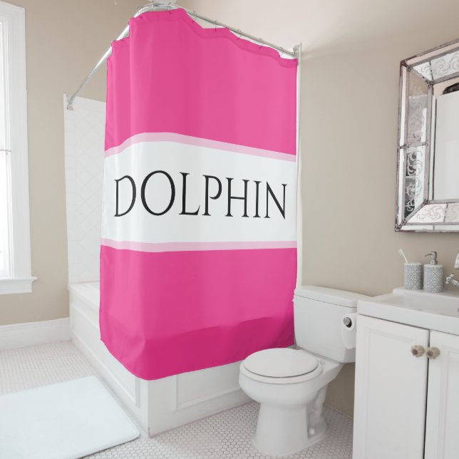 Bright Tropical Pink White Stripes DOLPHIN Text Shower Curtain (In Situ)