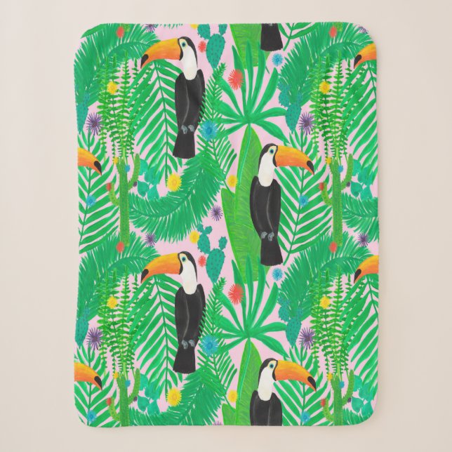 Bright tropical seamless hand drawn pattern with t sherpa blanket (Front)