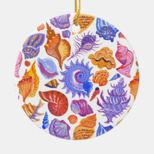 Bright tropical seashell, hand-drawn pattern ceramic tree decoration