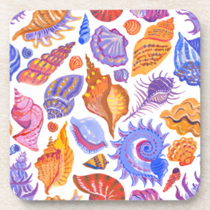 Bright tropical seashell, hand-drawn pattern coaster