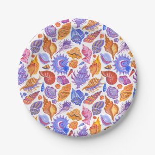 Bright tropical seashell, hand-drawn pattern paper plate