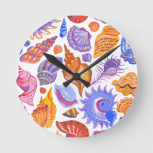 Bright tropical seashell, hand-drawn pattern round clock