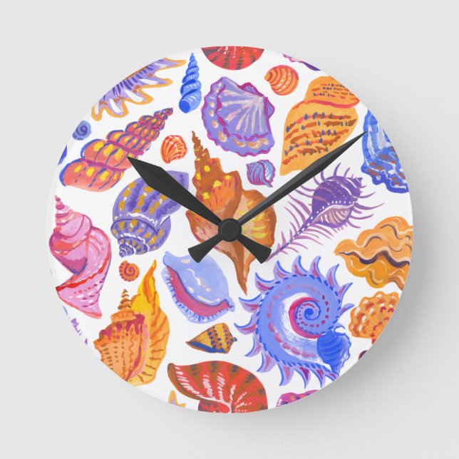 Bright tropical seashell, hand-drawn pattern round clock (Front)