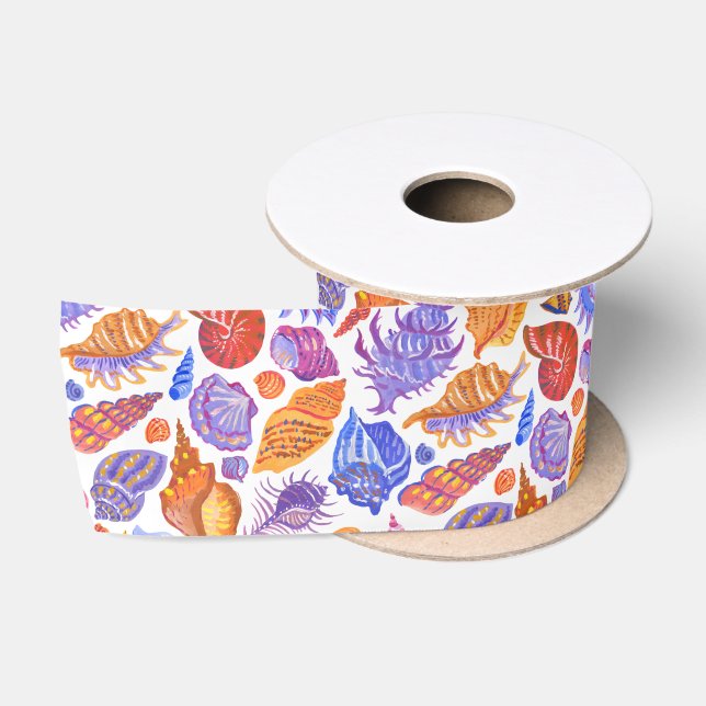 Bright tropical seashell, hand-drawn pattern satin ribbon (Spool)