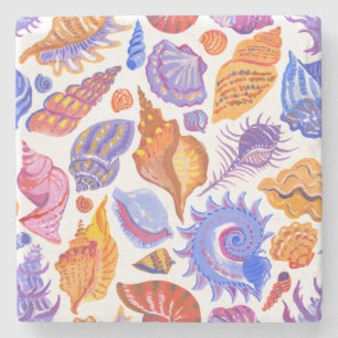 Bright tropical seashell, hand-drawn pattern stone coaster