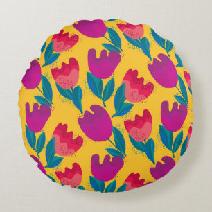 Bright Tulip Flowers: Elegant Seamless Round Cushion
