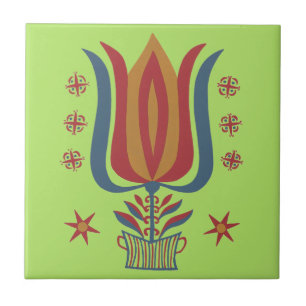 Bright tulip & Geometric American Folk Art Tile