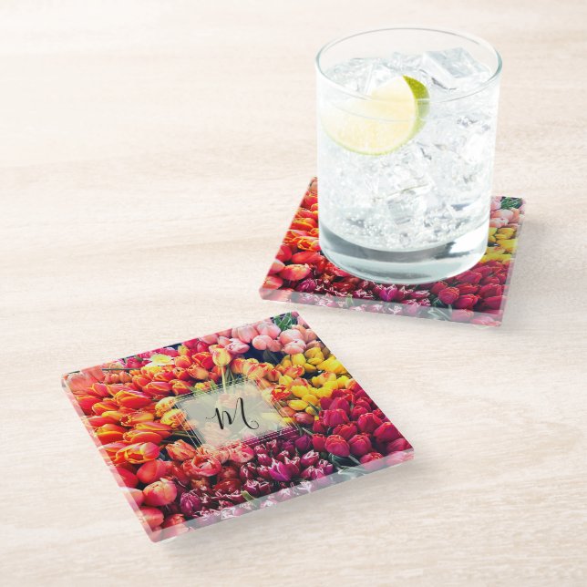 Bright Tulip Photo With Monogram Glass Coaster (Angled)