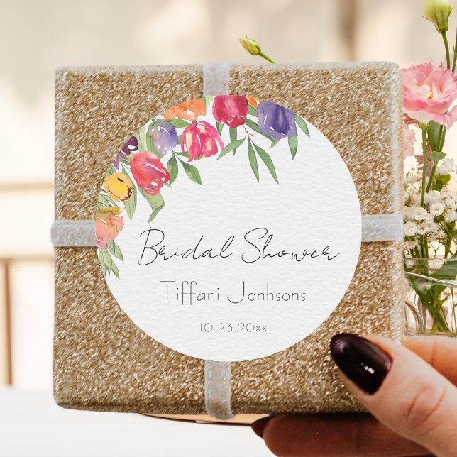Bright Tulips and Greenery Bridal Shower Classic Round Sticker (Creator Uploaded)