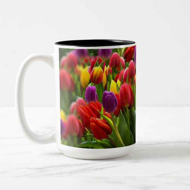 Bright Tulips Two-Tone Coffee Mug (Left)