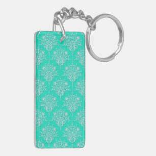 Bright Turquoise and White Damask Key Ring