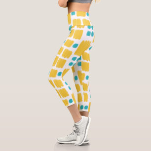 Bright Turquoise and Yellow painted shapes Capri Leggings