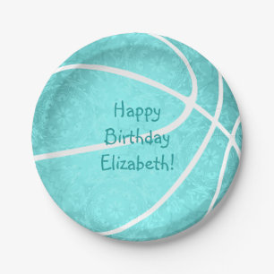 bright turquoise basketball birthday party paper plate